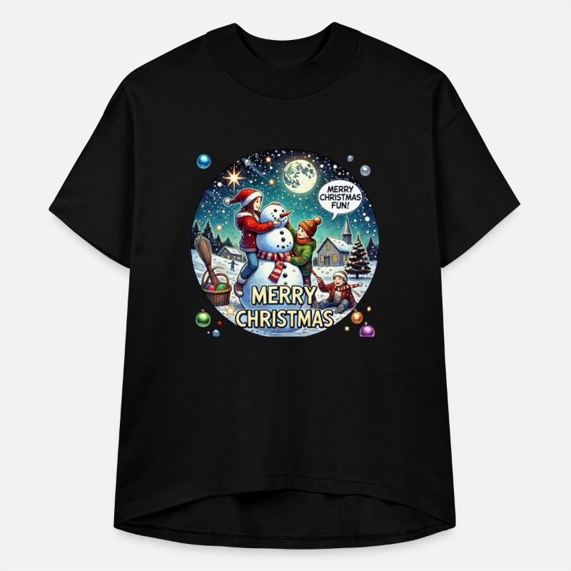 Children Building Snowman Under Christmas Sky