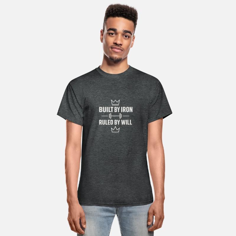 Built by iron gym motivation quote with white text