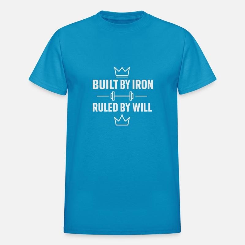 Built by iron gym motivation quote with white text