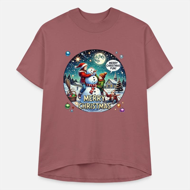 Children Building Snowman Under Christmas Sky